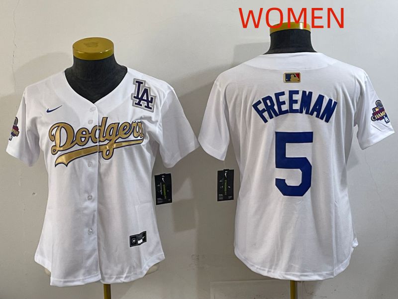 Women Los Angeles Dodgers #5 Freeman White Champion edition Nike MLB Jersey style 005->women mlb jersey->Women Jersey